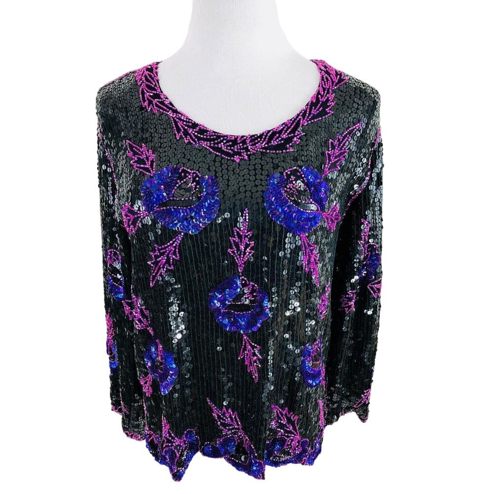 Evening Sequin Blouse Scoop Neck Long Sleeves Size Medium Vintage Royal Feelings